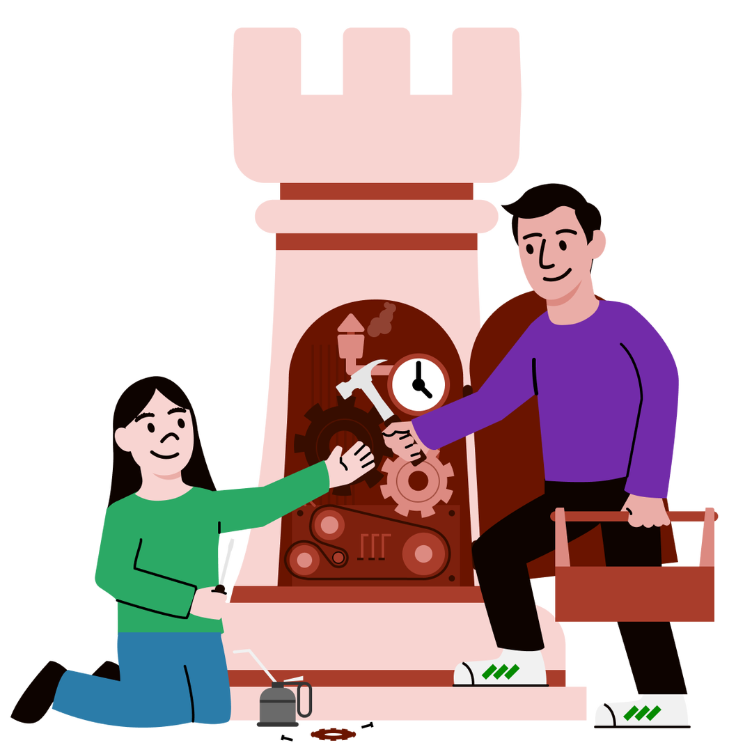 Students playing around with an opened-up rook containing gears inside.