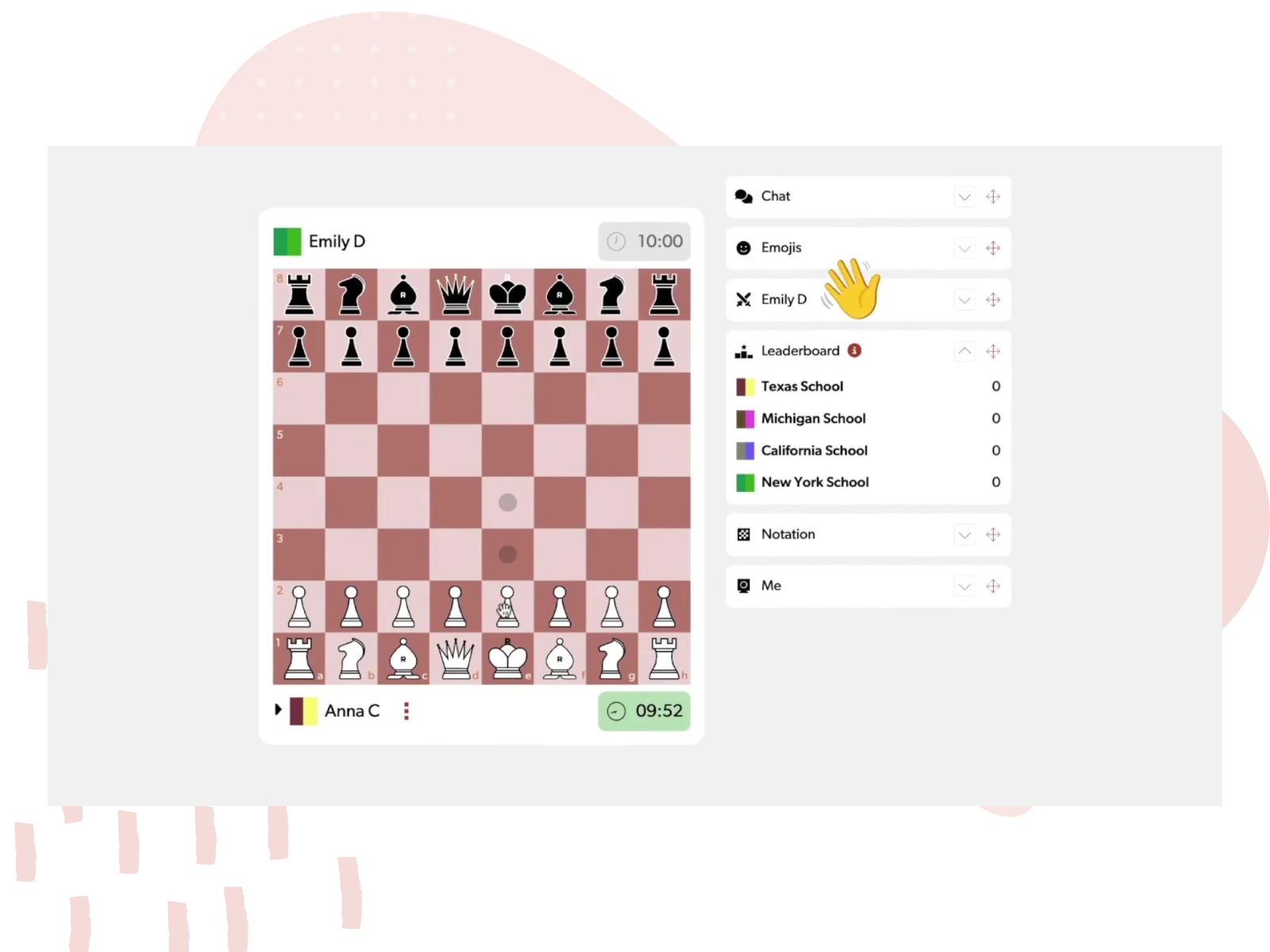 Screenshot of a student playing on Rookly, seeing the board, leaderboard, and an emoji sent by their opponent