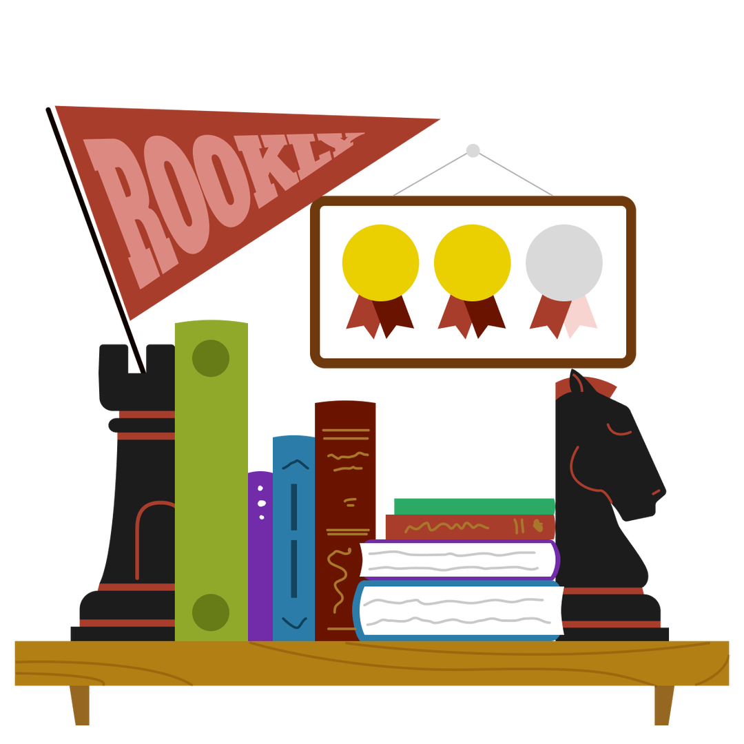 A bookshelf with a rook, knight, books, and a Rookly pennant
