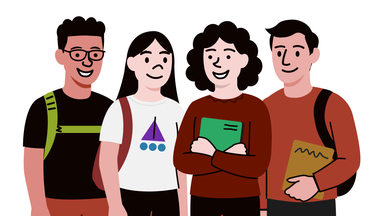 Cartoon students in school holding notebooks