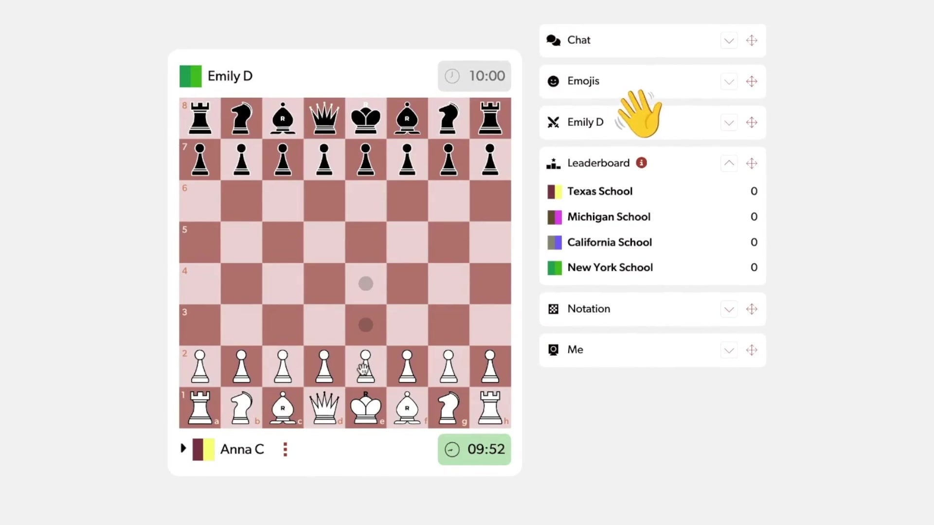 A Rookly League match: the board, both players’ clocks, and the school leaderboard