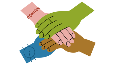 Cartoon hands stacked on top of each other