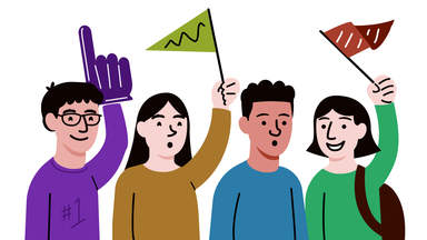 Cartoon students holding pennants