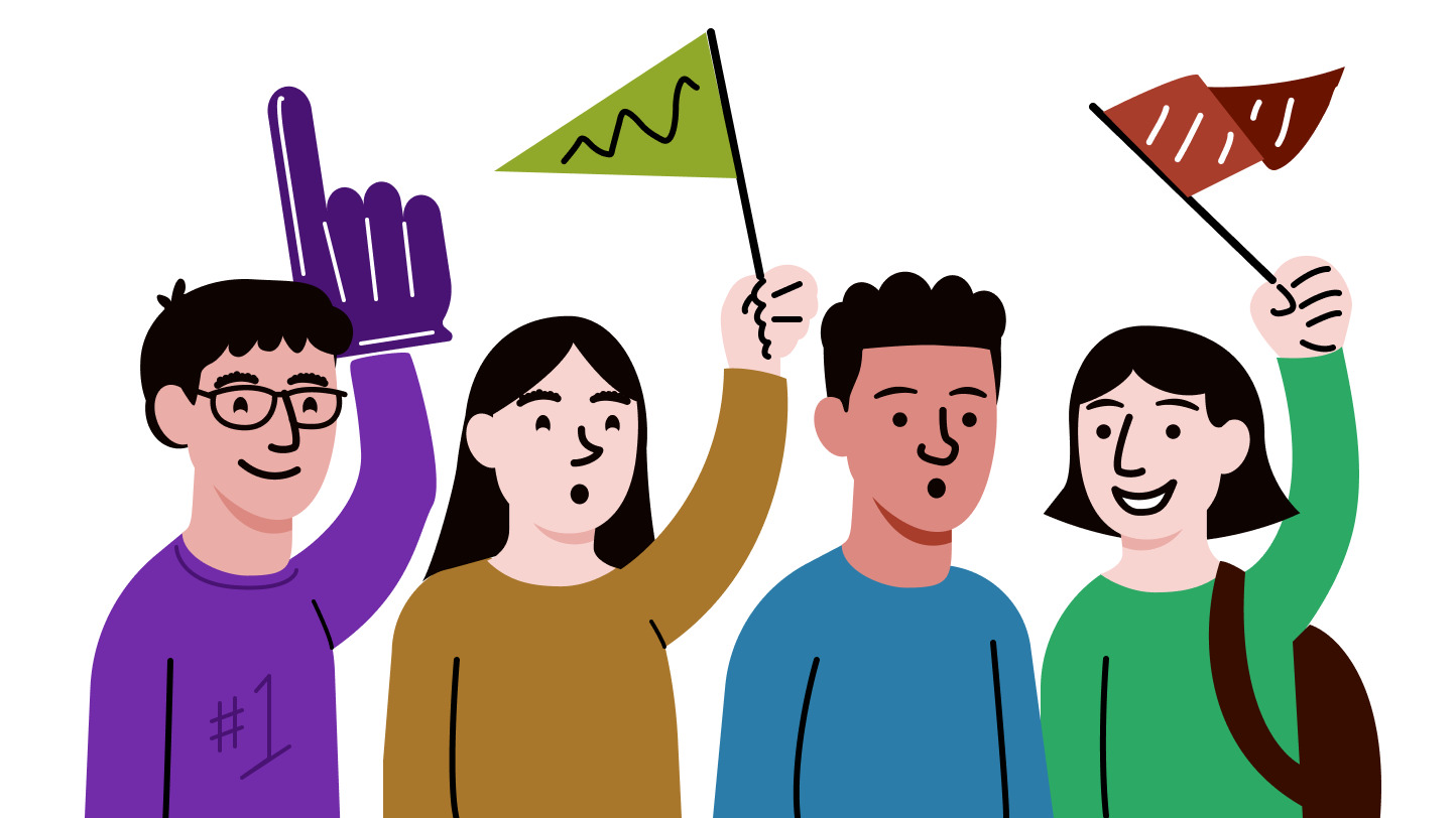 Illustrated students cheering with pennants and a foam finger