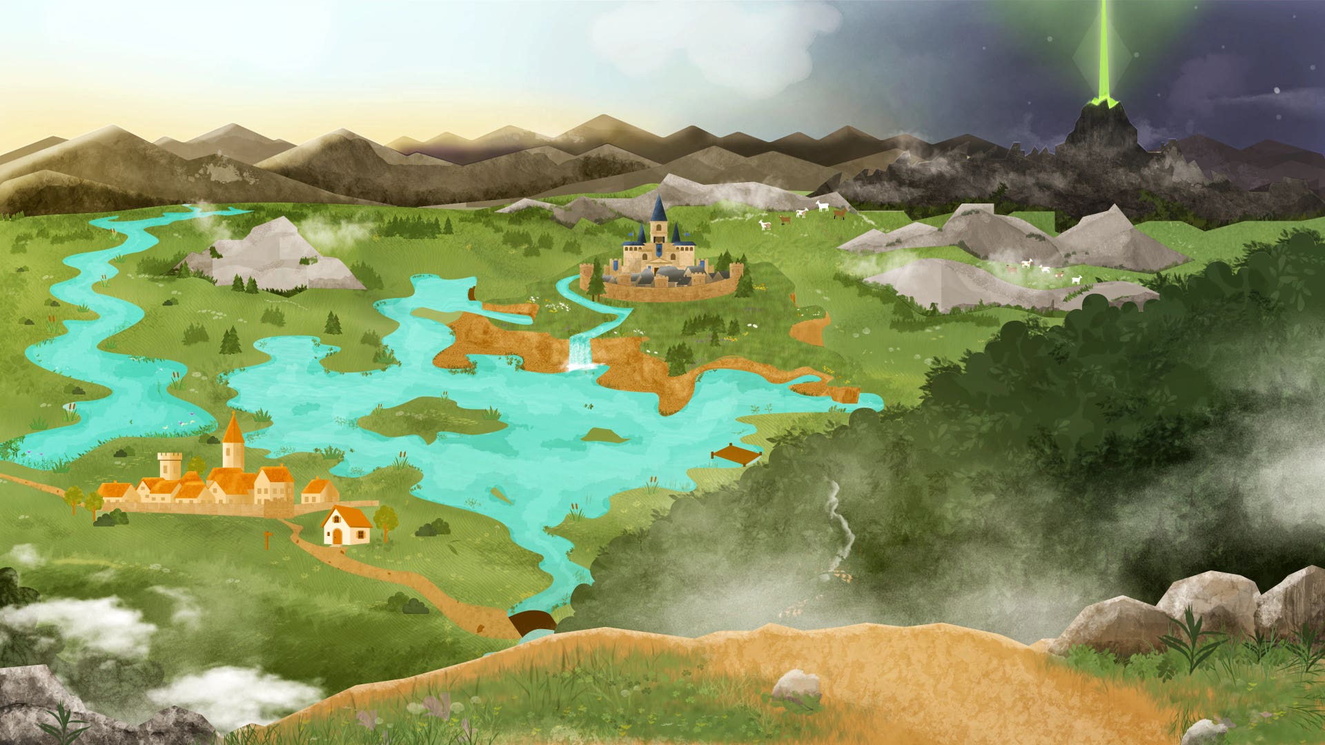 The Rookly Quest world, a painted kingdom of villages, rivers, a castle and mountains